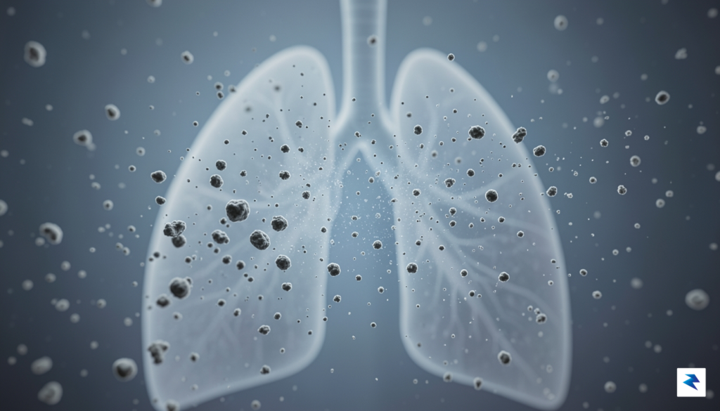 A microscopic close-up illustration showing fine particulate matter (PM2.5) floating&hellip;
