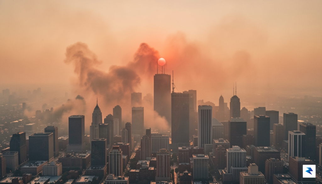 A wide-angle, high-resolution shot showing a hazy, orange-tinted skyline of&hellip;