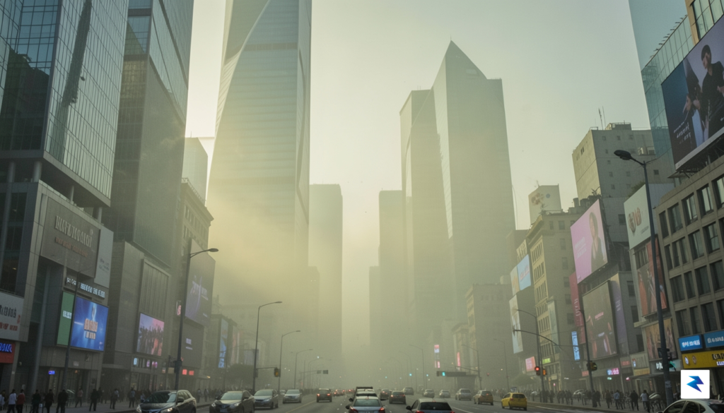 A modern urban skyline partially obscured by a thick, yellowish-grey&hellip;