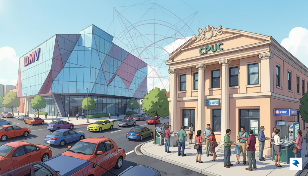 A stylized illustration showing two distinct government agency buildings, one…