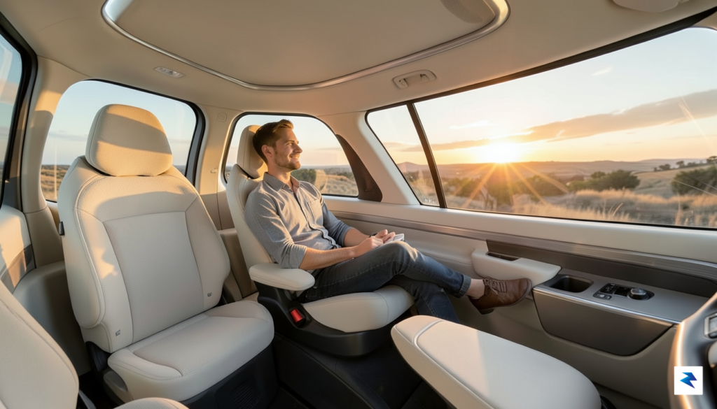 A wide-angle interior shot of a futuristic, clean autonomous vehicle…