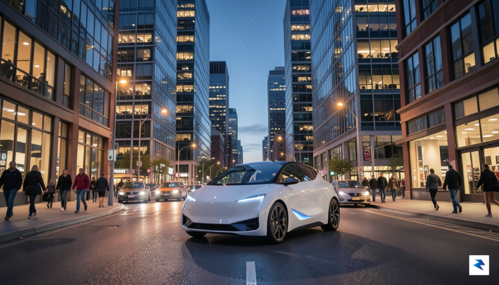A sleek, white autonomous vehicle navigating a bustling downtown city…