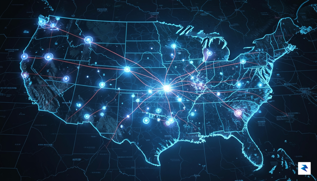 A digital visualization of a massive electrical power grid map&hellip;