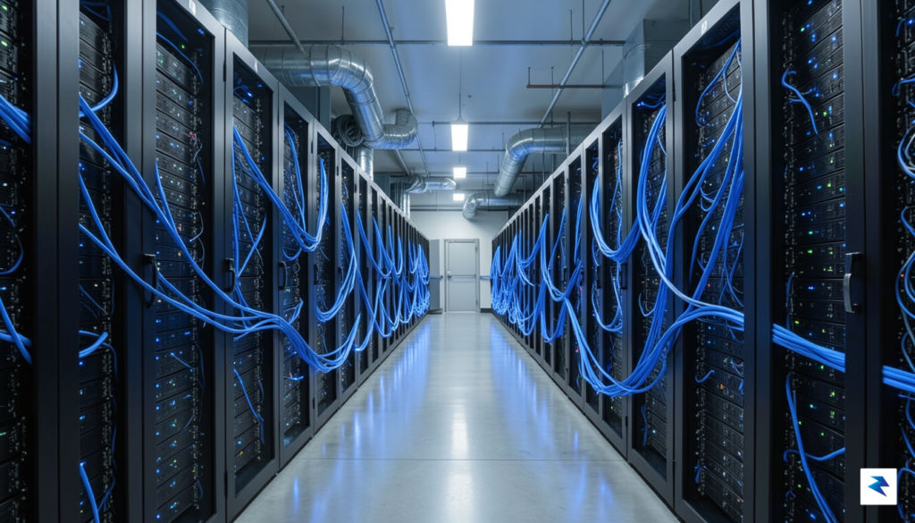 A wide-angle, cinematic shot of a modern, sleek data center&hellip;