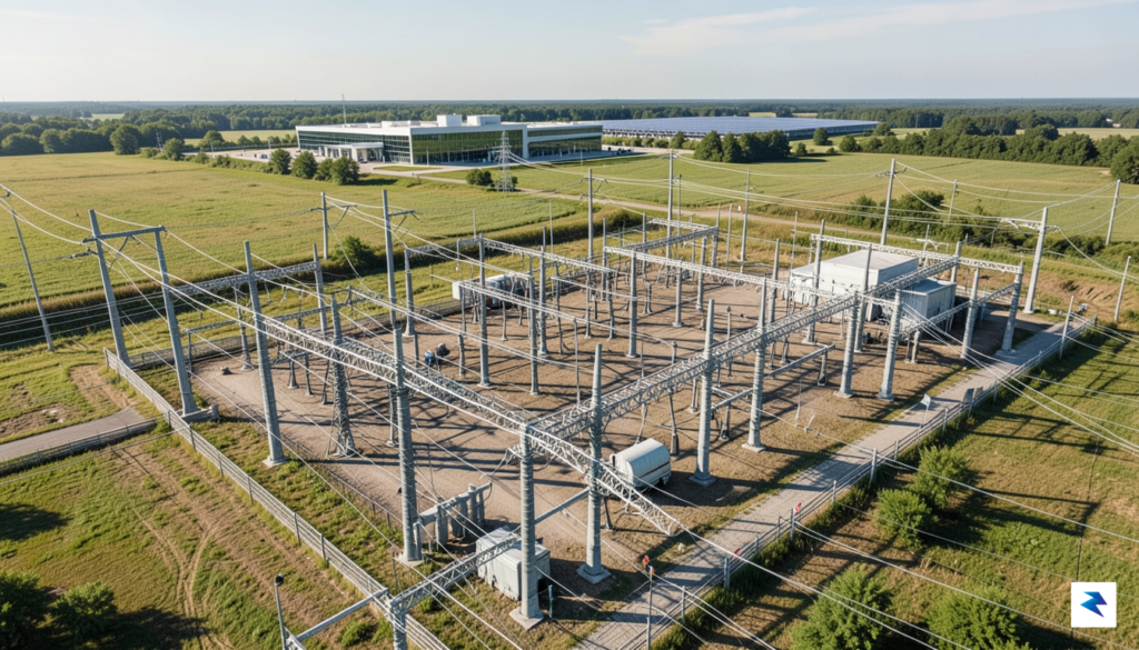 An aerial view of a sprawling electrical substation with complex,&hellip;