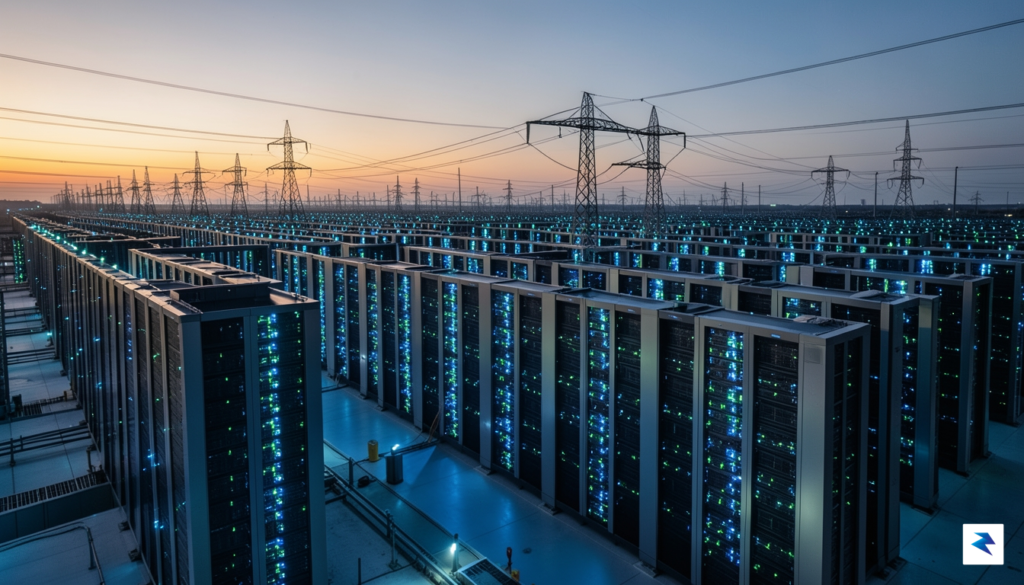 A wide-angle, high-contrast shot of a massive, modern data center&hellip;