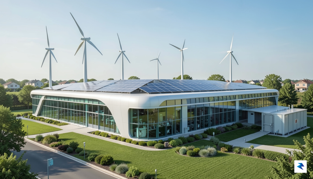 A modern, futuristic data center facility integrated with solar panel&hellip;