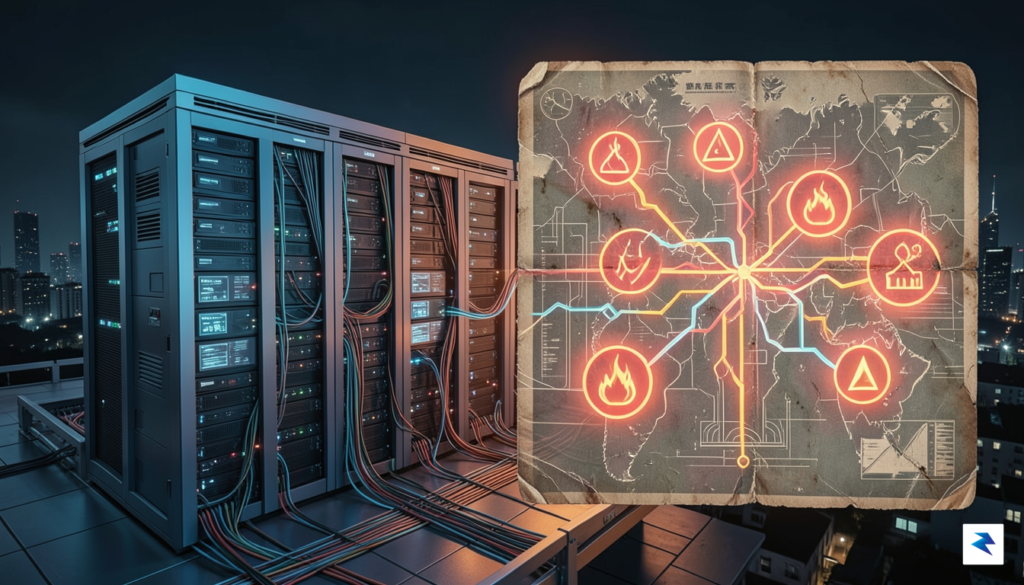 A high-tech digital illustration showing a sprawling data center connected&hellip;