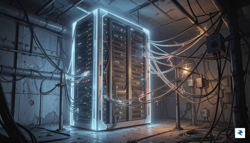 A conceptual digital illustration showing a massive, glowing server rack&hellip;