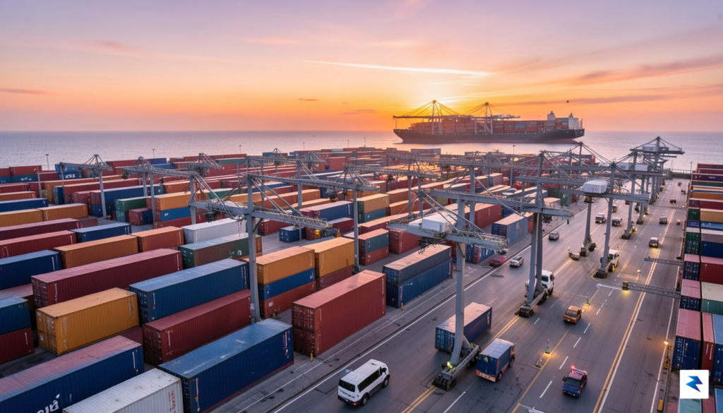A wide-angle shot of a busy, modern automated shipping port&hellip;
