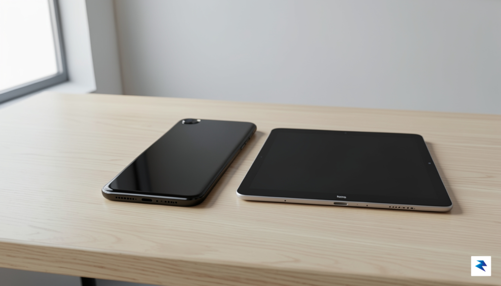 A modern, sleek smartphone resting on a minimalist wooden desk&hellip;