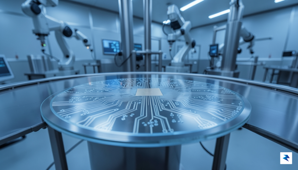 A close-up, high-tech photograph of a silicon wafer in a&hellip;