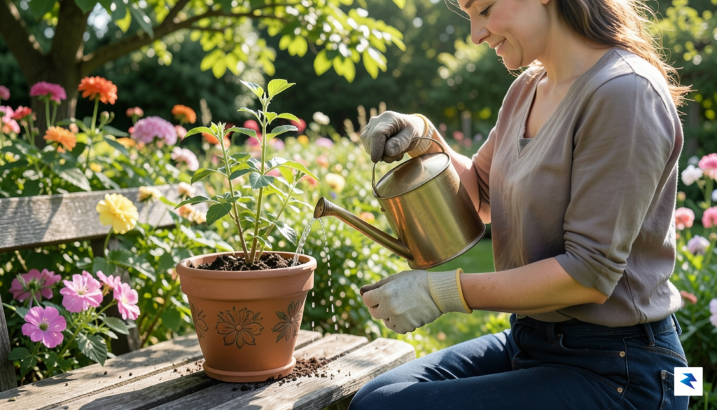 A person meticulously watering a small, growing plant in a…