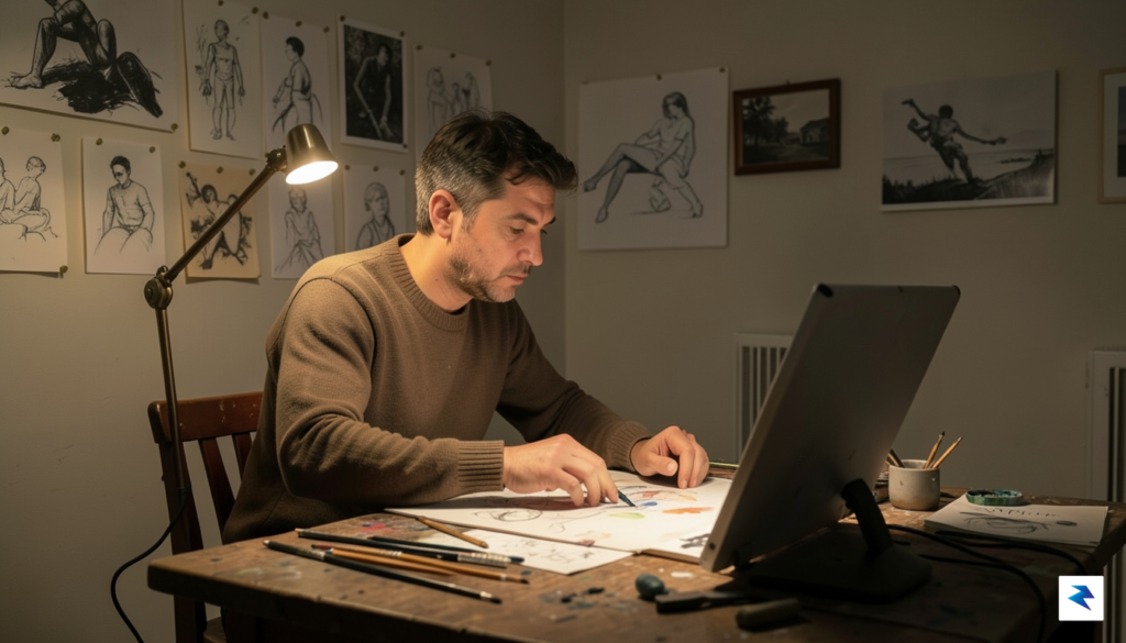 A lone artist in a softly lit studio, surrounded by…