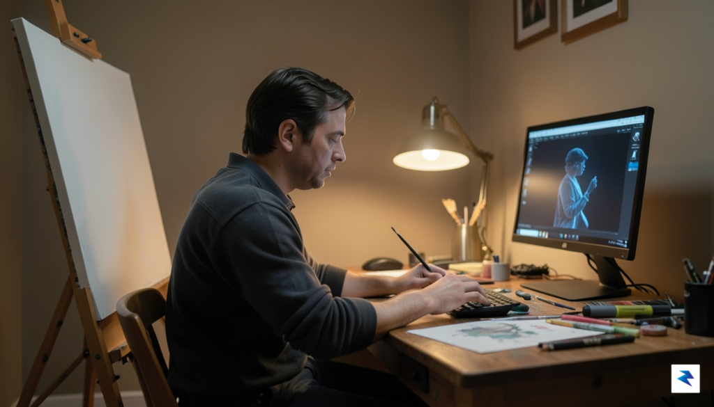 A serene, dimly lit studio workspace where a creator is…