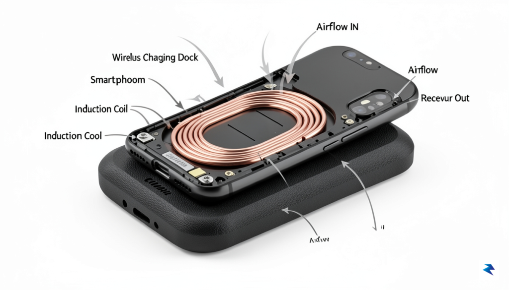A close-up cross-section diagram showing a smartphone resting on a…