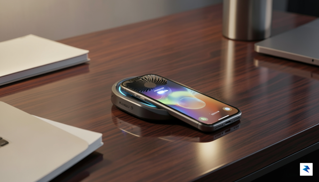 A sleek, modern desk setup featuring a Kuxiu D5 wireless…