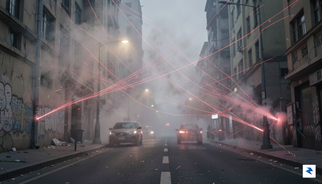A close-up, high-tech visualization of a lidar sensor's laser beams…
