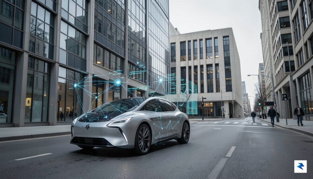 A wide-angle shot of a high-tech autonomous vehicle parked on…