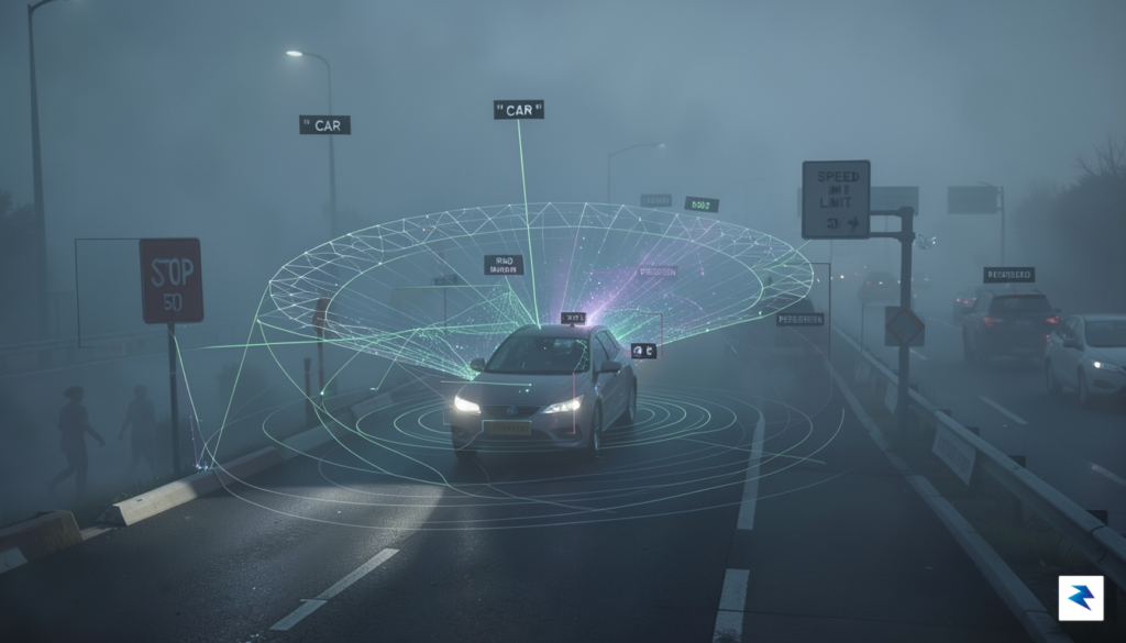 A digital visualization of a self-driving car’s sensor array navigating…