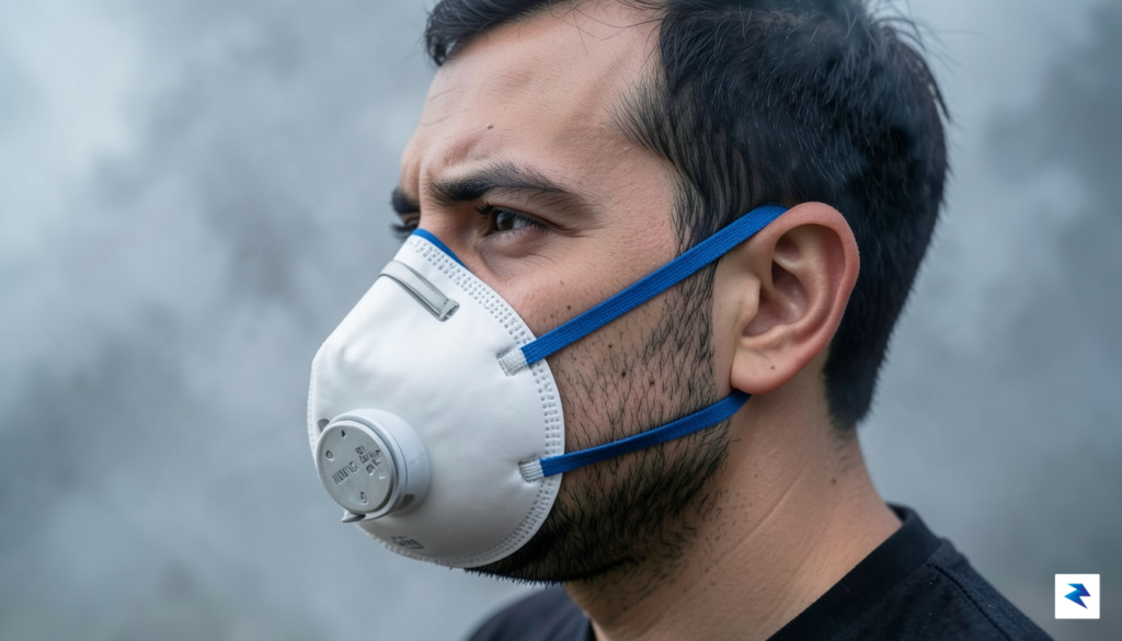 A close-up side profile of a person wearing a properly&hellip;