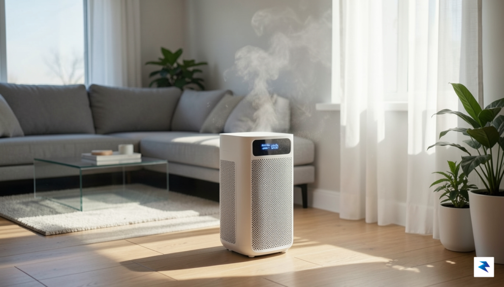 A modern HEPA air purifier running silently in a well-lit&hellip;