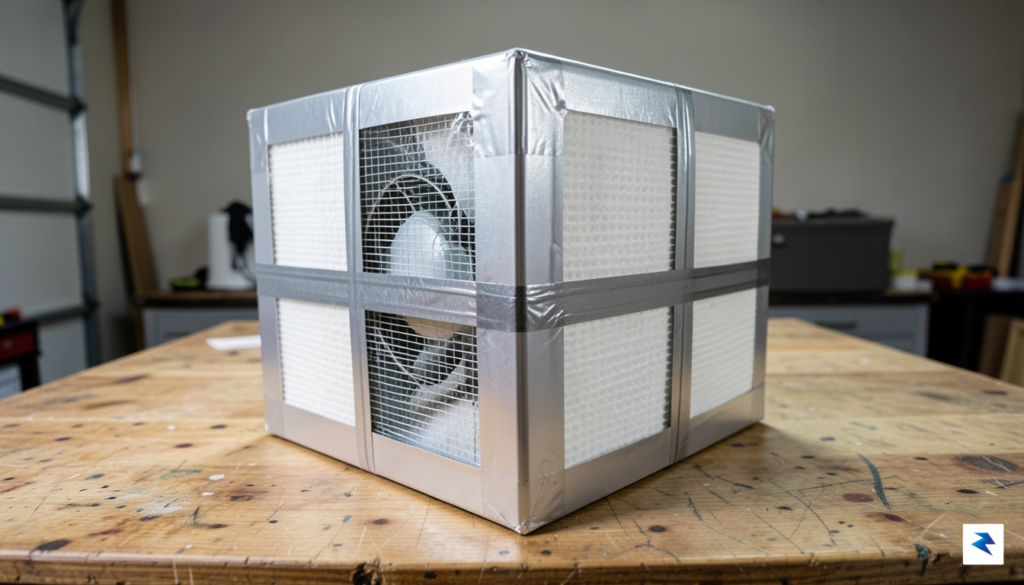 A DIY Corsi-Rosenthal box fan filter, clearly showing a box&hellip;