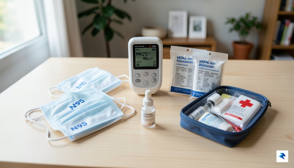 A flat-lay photograph of a home smoke-preparedness kit featuring N95&hellip;