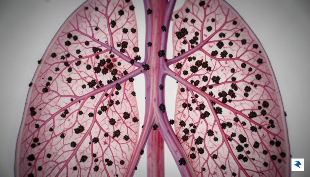 A microscopic visualization showing PM2.5 particulate matter infiltrating the complex,&hellip;