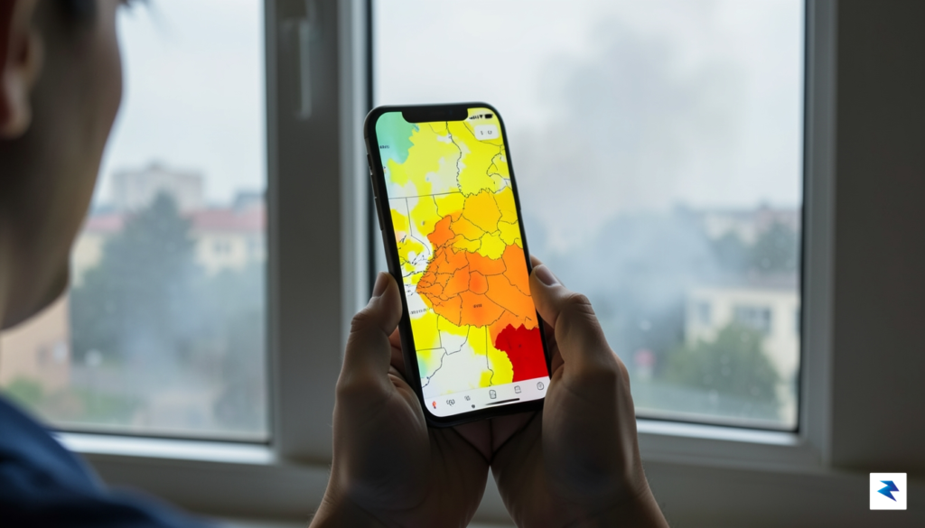 A smartphone screen displaying a brightly colored air quality map&hellip;