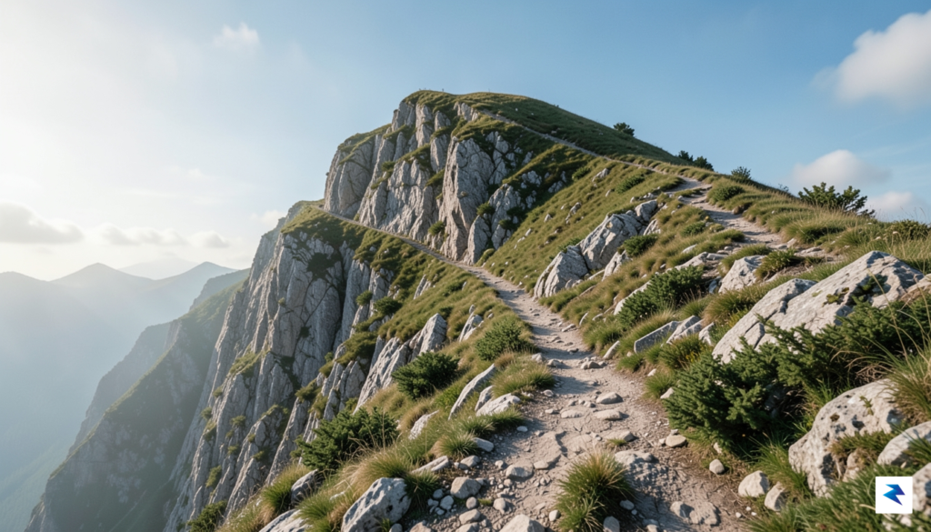 A conceptual digital illustration showing a steady, upward-sloping mountain trail&hellip;