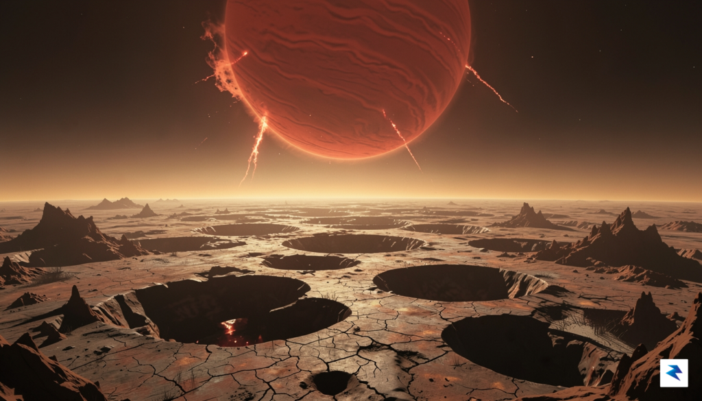 A wide-angle digital illustration showing a scorched, cratered, and barren&hellip;