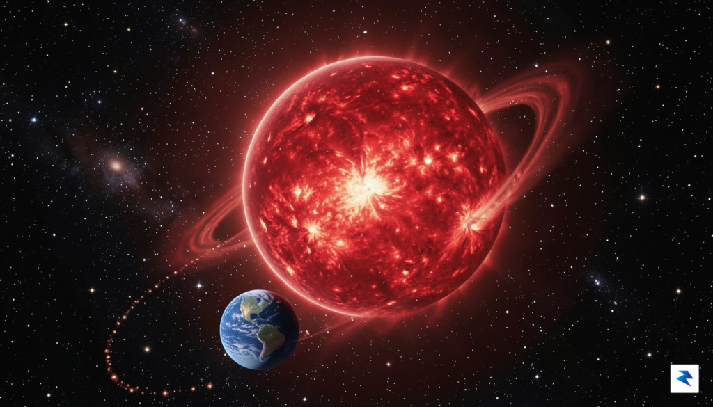 A digital illustration showing a glowing, expanding red giant star&hellip;
