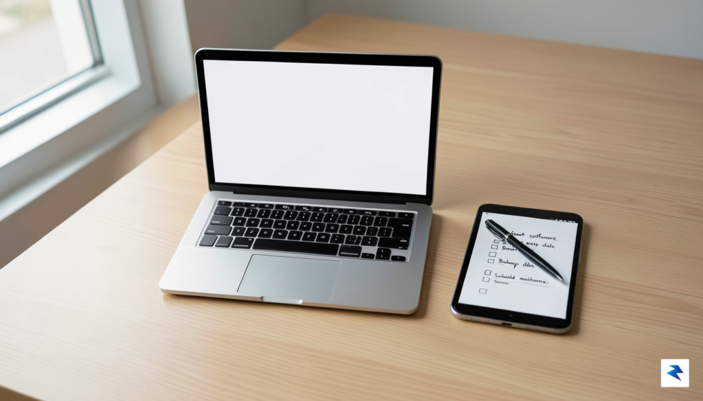 A clean, professional flat-lay photograph of a modern office desk…