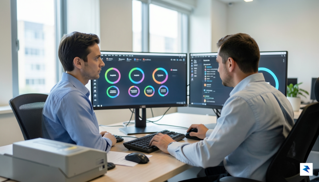 A modern IT office setting showing an administrator looking at…
