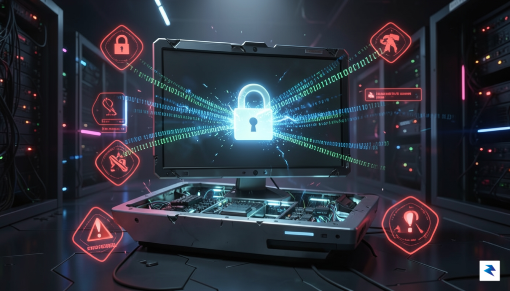 A digital security concept art showing a glowing, vulnerable computer…