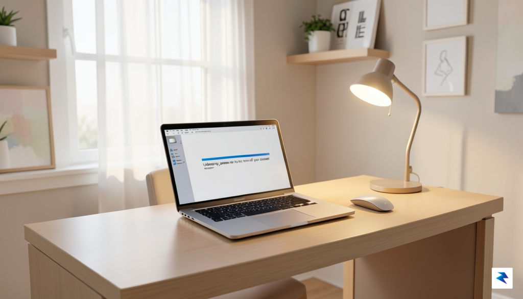 A clean, modern home office desk setup featuring a laptop…
