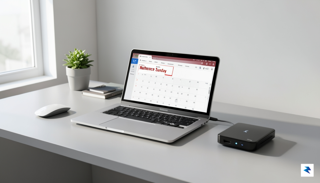 A clean, modern desktop workspace with an open laptop displaying…