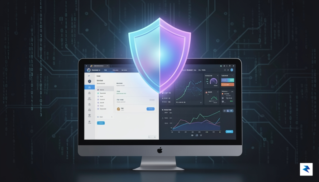A conceptual digital illustration showing a glowing shield icon hovering…