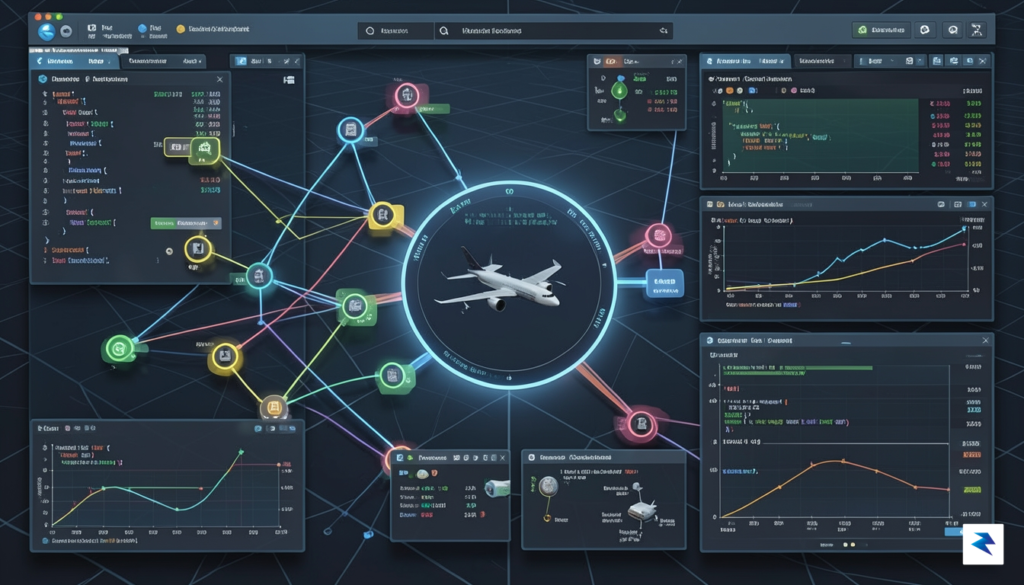 A detailed digital rendering of a complex aerospace software dashboard&hellip;