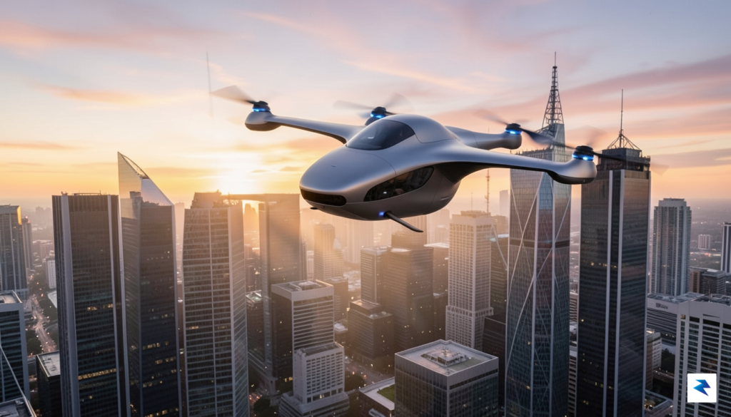 A sleek, futuristic self-flying eVTOL aircraft hovering above a modern&hellip;