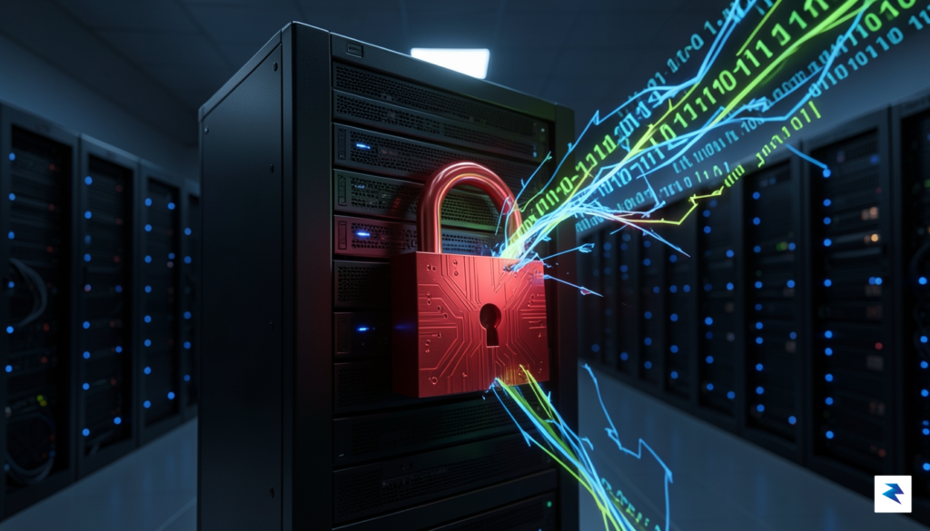 A conceptual digital security illustration showing a glowing red lock&hellip;