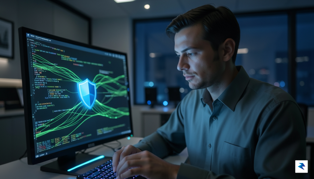 A digital security professional monitoring a dashboard with glowing green&hellip;