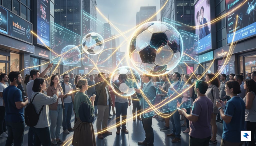 A digital conceptual illustration showing a crowd of people looking…