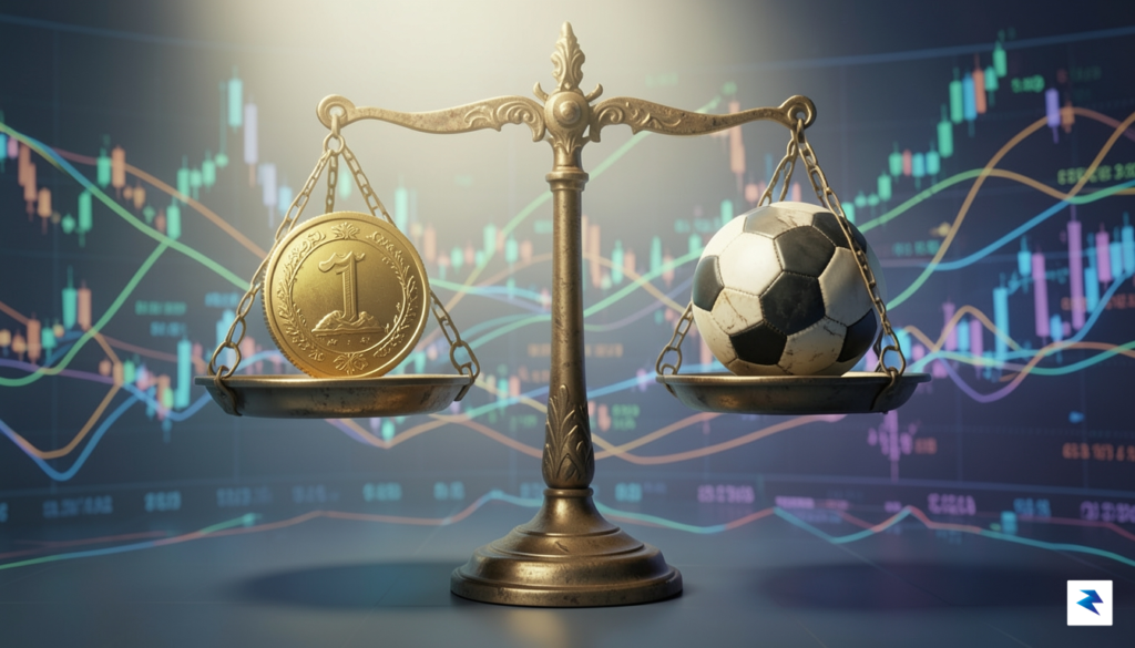 A conceptual digital illustration showing a balance scale weighing a…