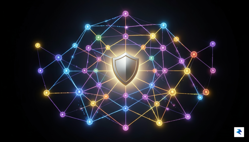 A digital conceptual illustration showing a network of interconnected glowing&hellip;