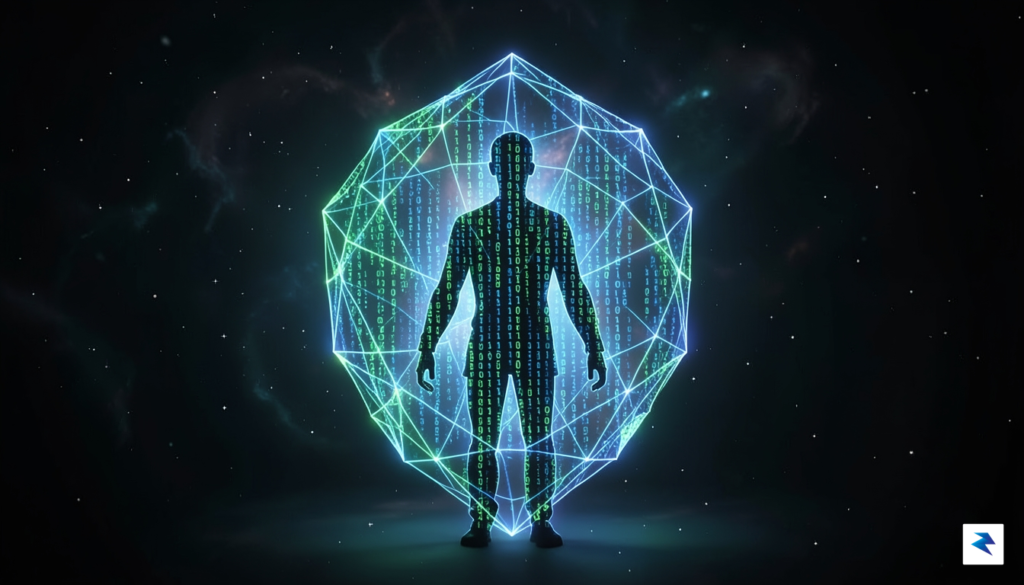 A conceptual digital illustration showing a glowing, interconnected network of…