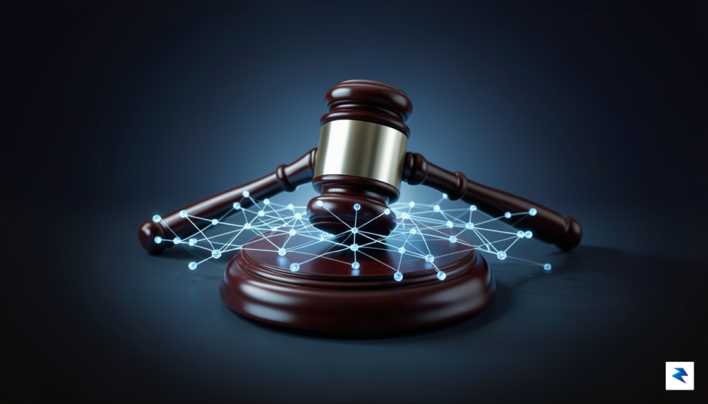 A conceptual digital illustration showing a legal gavel resting on…
