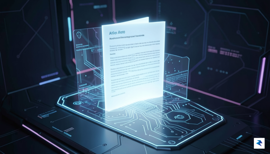 A conceptual illustration depicting a glowing, digital legal document emerging…
