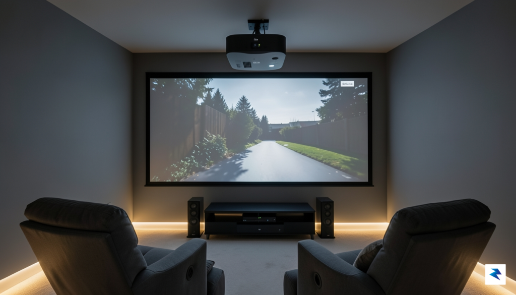 A sleek, modern home cinema setup showing the Xgimi Titan&hellip;